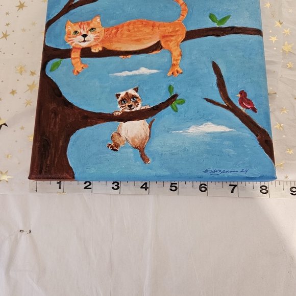 Original Art /Acrylic Canvas /Cute Kitties in a Tree / 8in x 8in - Picture 5 of 11